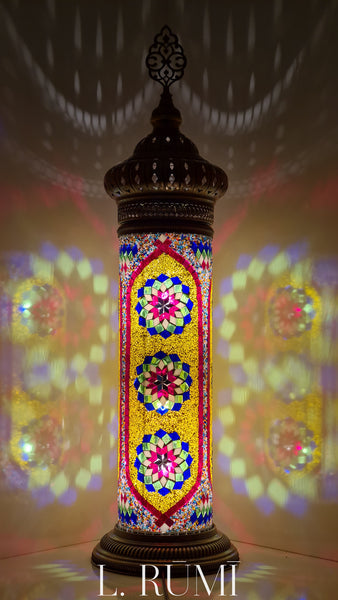 Cylinder Mosaic Turkish Glass Lamp with Brass Table Top Lamp - 50 CM x 15 CM