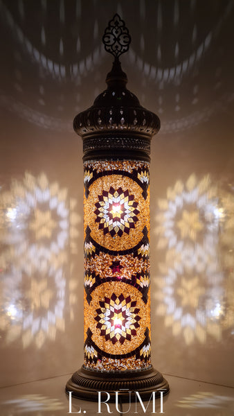Cylinder Mosaic Turkish Glass Lamp with Brass Table Top Lamp - 50 CM x 15 CM
