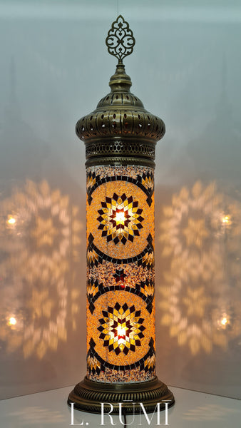 Cylinder Mosaic Turkish Glass Lamp with Brass Table Top Lamp - 50 CM x 15 CM