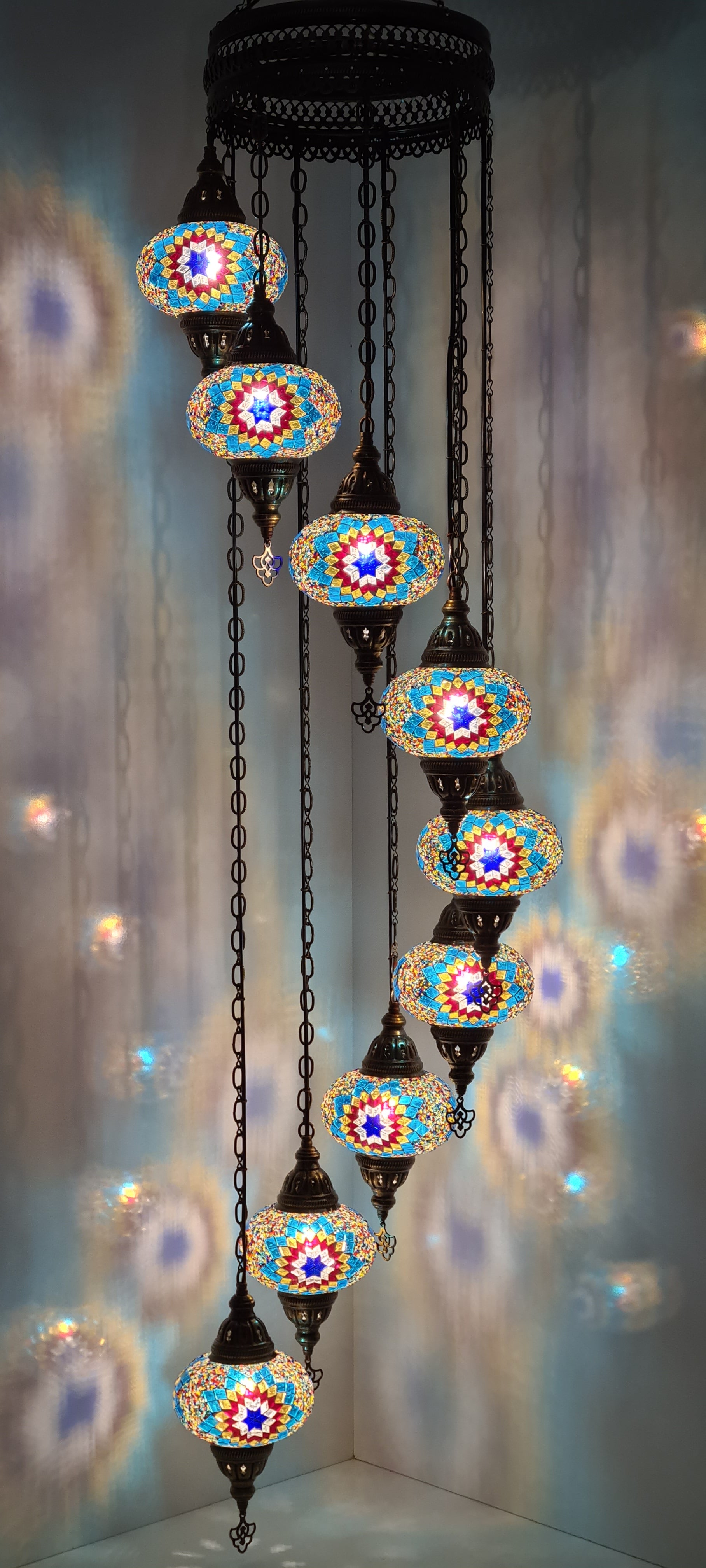 Spiral Chandelier 9 Medium Mosaic Glass Ceiling Turkish Lamp - LUMINA ELIGMA HOME