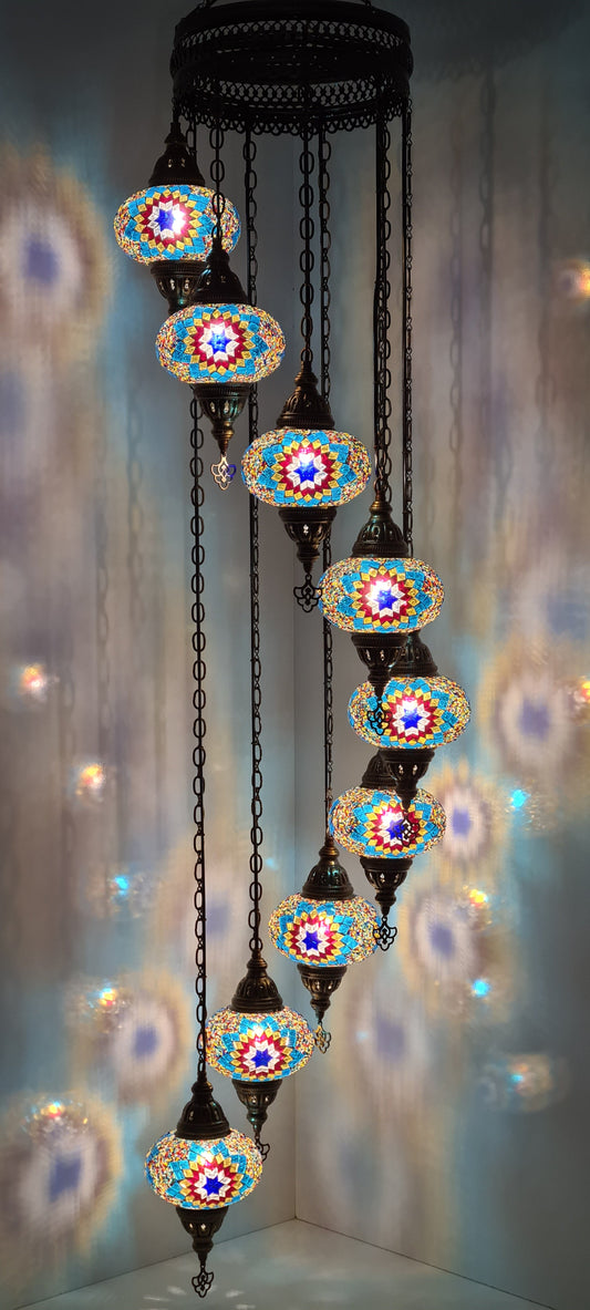 Spiral Chandelier 9 Medium Mosaic Glass Ceiling Turkish Lamp - LUMINA ELIGMA HOME