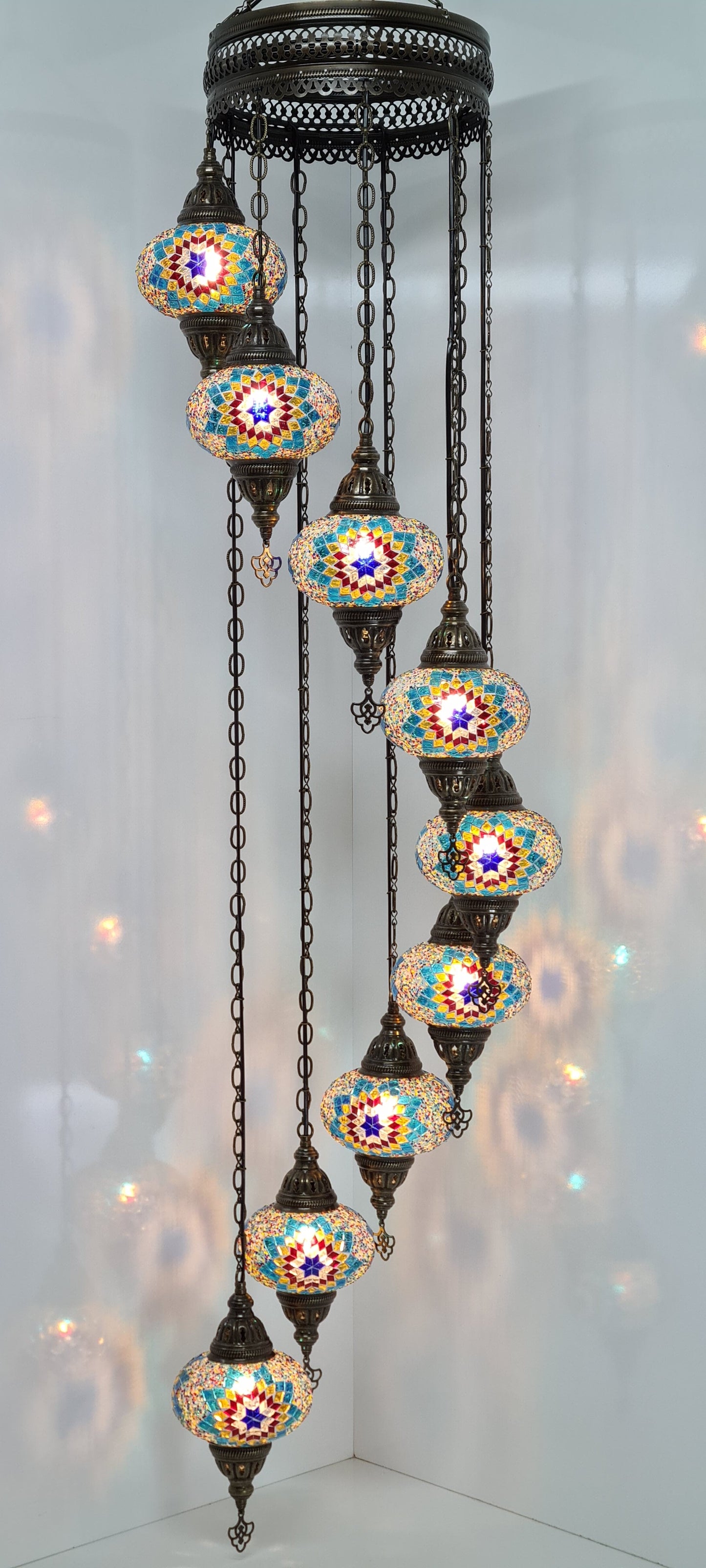 Spiral Chandelier 9 Medium Mosaic Glass Ceiling Turkish Lamp - LUMINA ELIGMA HOME