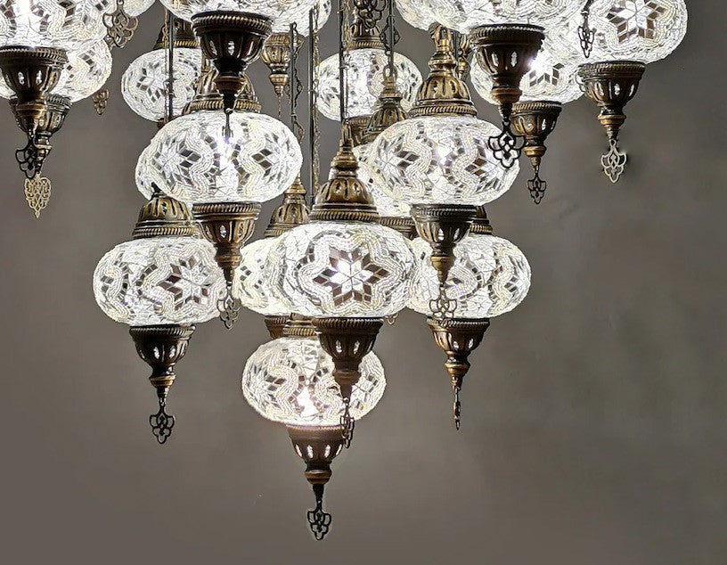 Unique Chandelier 25 Mosaic Turkish Glass Lamps with Brass