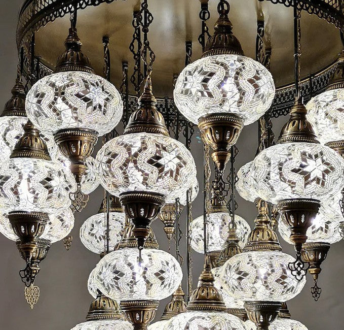 Unique Chandelier 25 Mosaic Turkish Glass Lamps with Brass