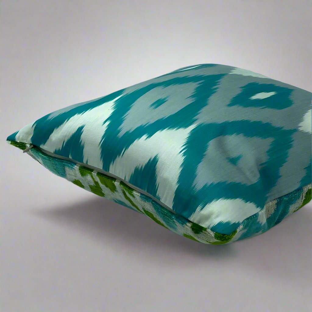 IKAT Silk Back Pillow Cover 40x40 CM  - Turquoise Flower