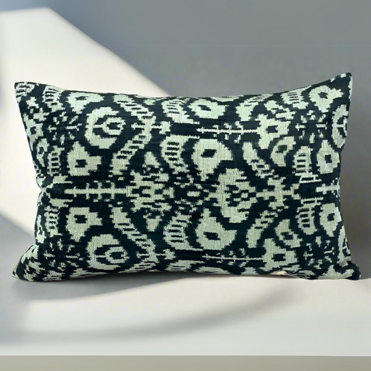 IKAT Silk Back Cushion Cover 60X40 CM - Black Cream - LUMINA ELIGMA HOME