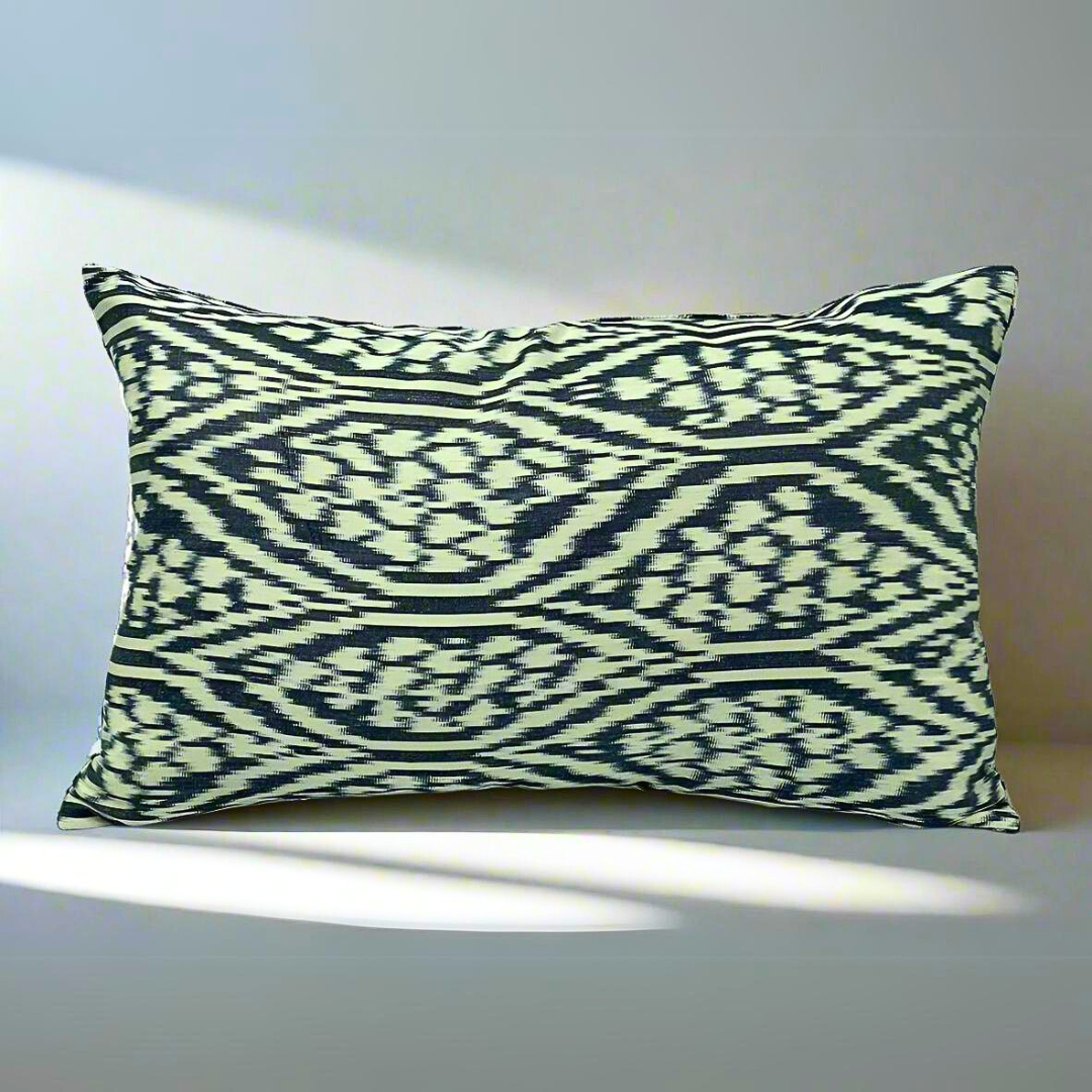 IKAT Silk Back Cushion Cover 60X40 CM - Black Cream - LUMINA ELIGMA HOME
