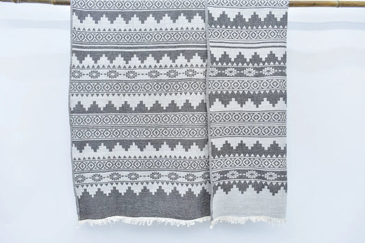 Kilim Blanket Organic Turkish Cotton Black- 85" X 56"