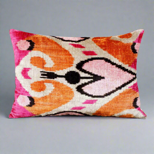 IKAT Cotton Back Cushion 60x40 CM - Pink Orange Hearts