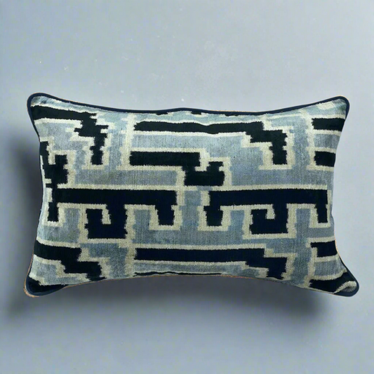 IKAT Velvet Back Pillow Cover 60x40 CM - Cyan Lines - LUMINA ELIGMA HOME