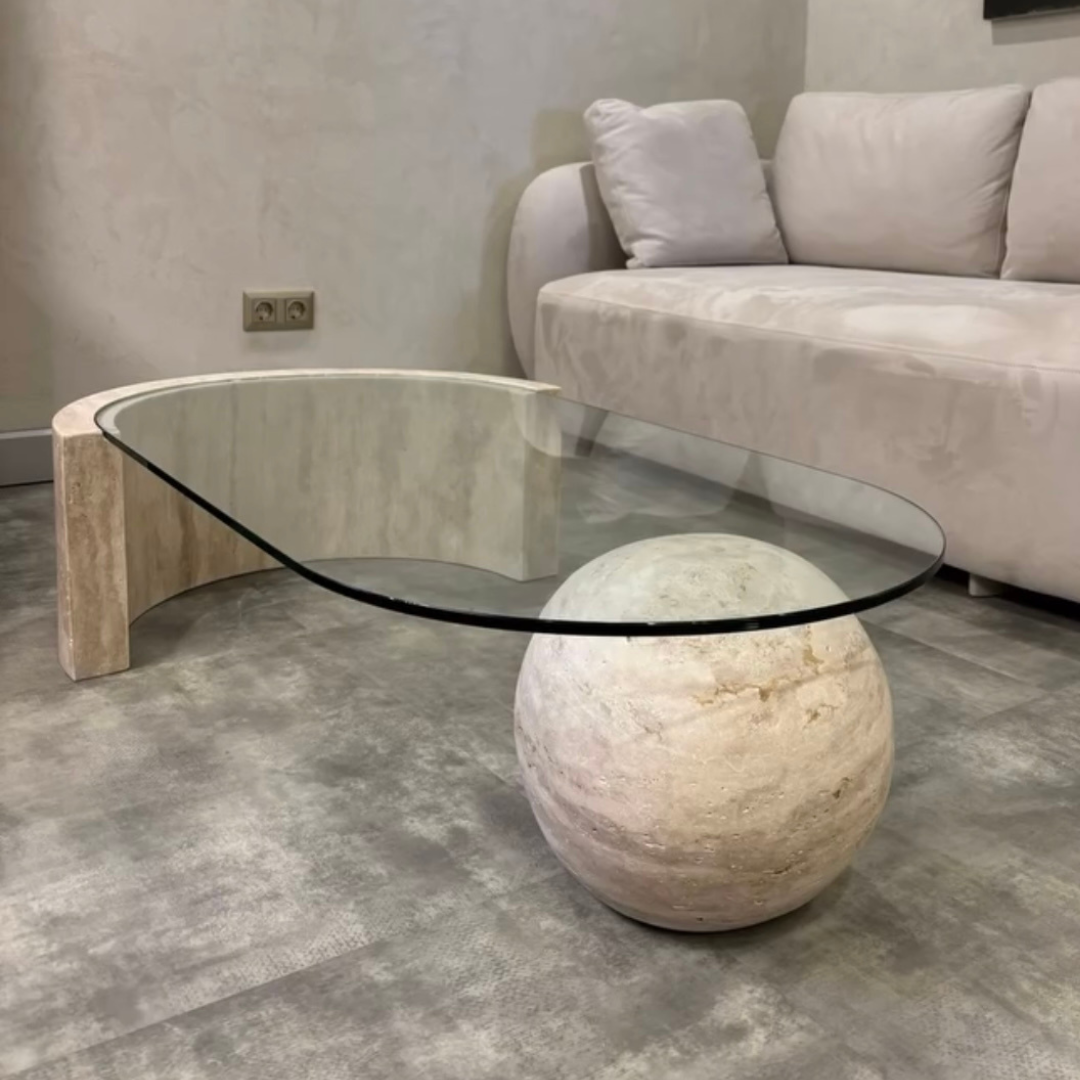 Curve Globe - Travertine Coffee Table Glass - LUMINA ELIGMA HOME