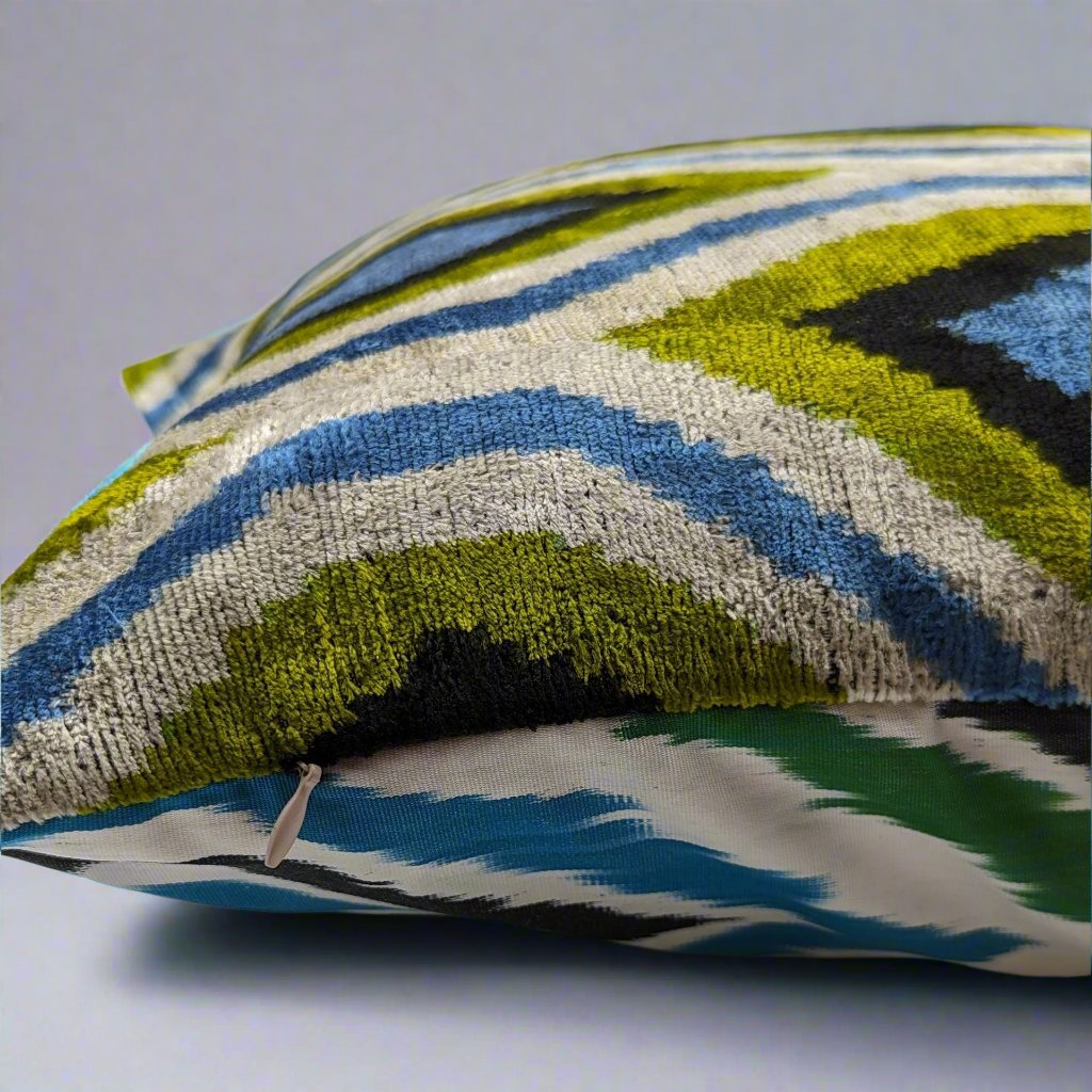 IKAT Silk Back Cushion Cover 50x50CM- Blue Green Seeds Silk Bottom