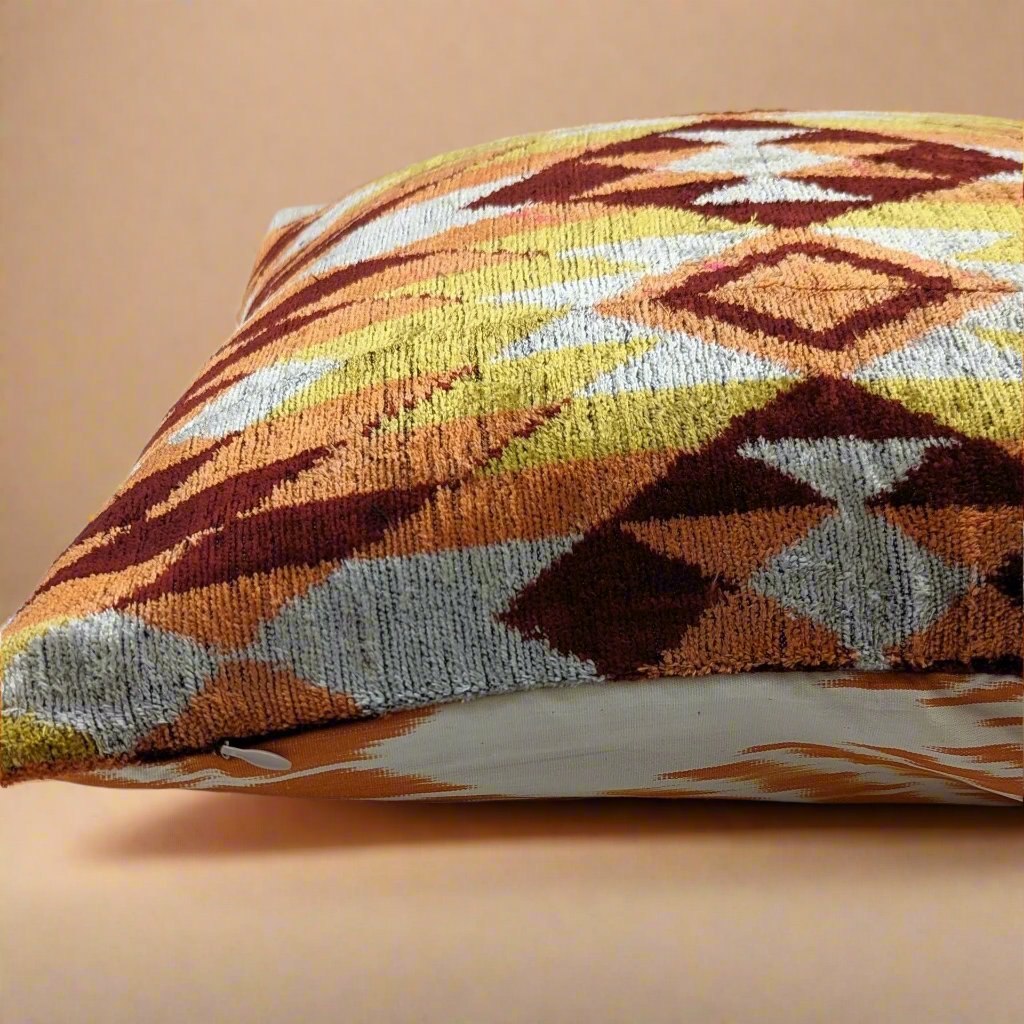 IKAT Silk Back Cushion Cover 50x50CM- Tribal Orange Brick silk back