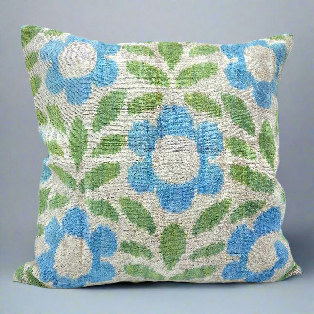 IKAT Silk Back Cushion Cover 50x50CM Green Flowers