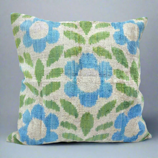 IKAT Silk Back Cushion Cover 50x50CM Green Flowers