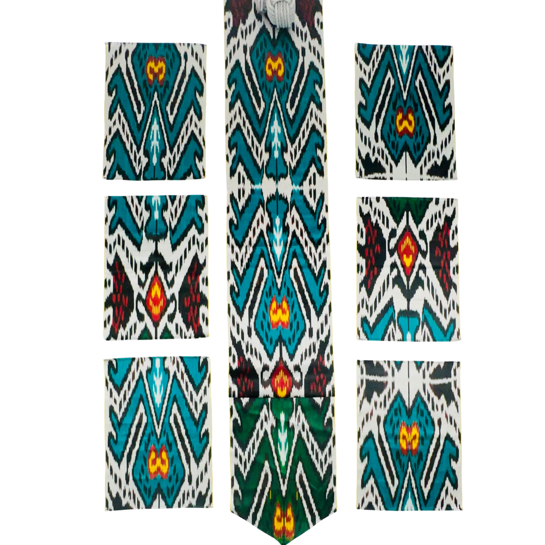 Silk Table Runner & Placemates - Teal Green IKAT - LUMINA ELIGMA HOME