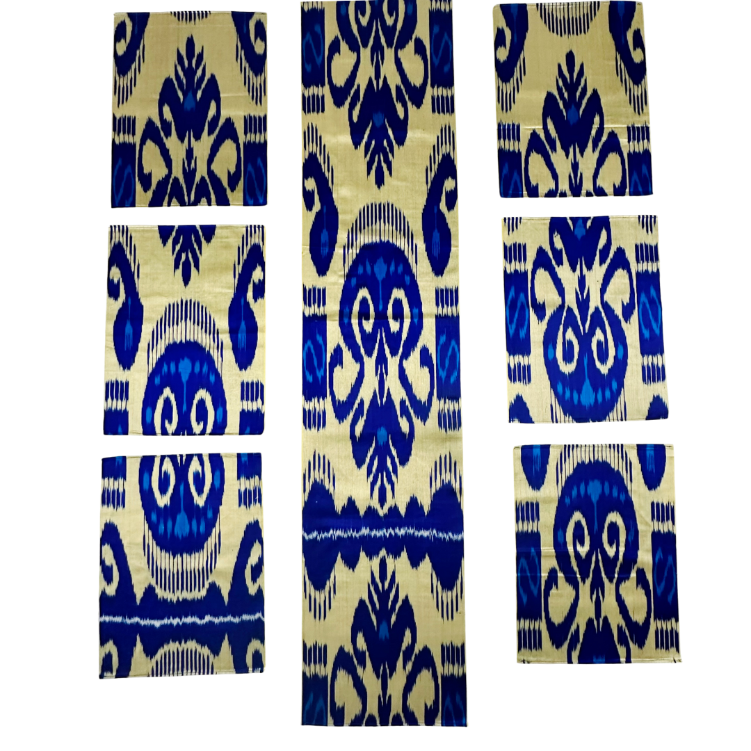 Silk Table Runner & Placemates - Blue Cream IKAT - LUMINA ELIGMA HOME