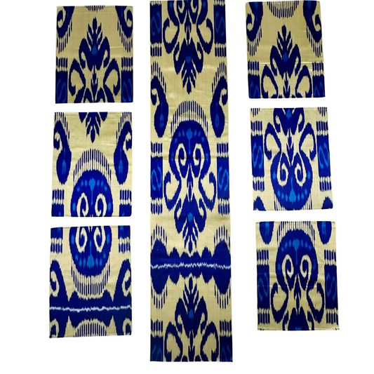 Silk Table Runner & Placemates - Blue Cream IKAT - LUMINA ELIGMA HOME