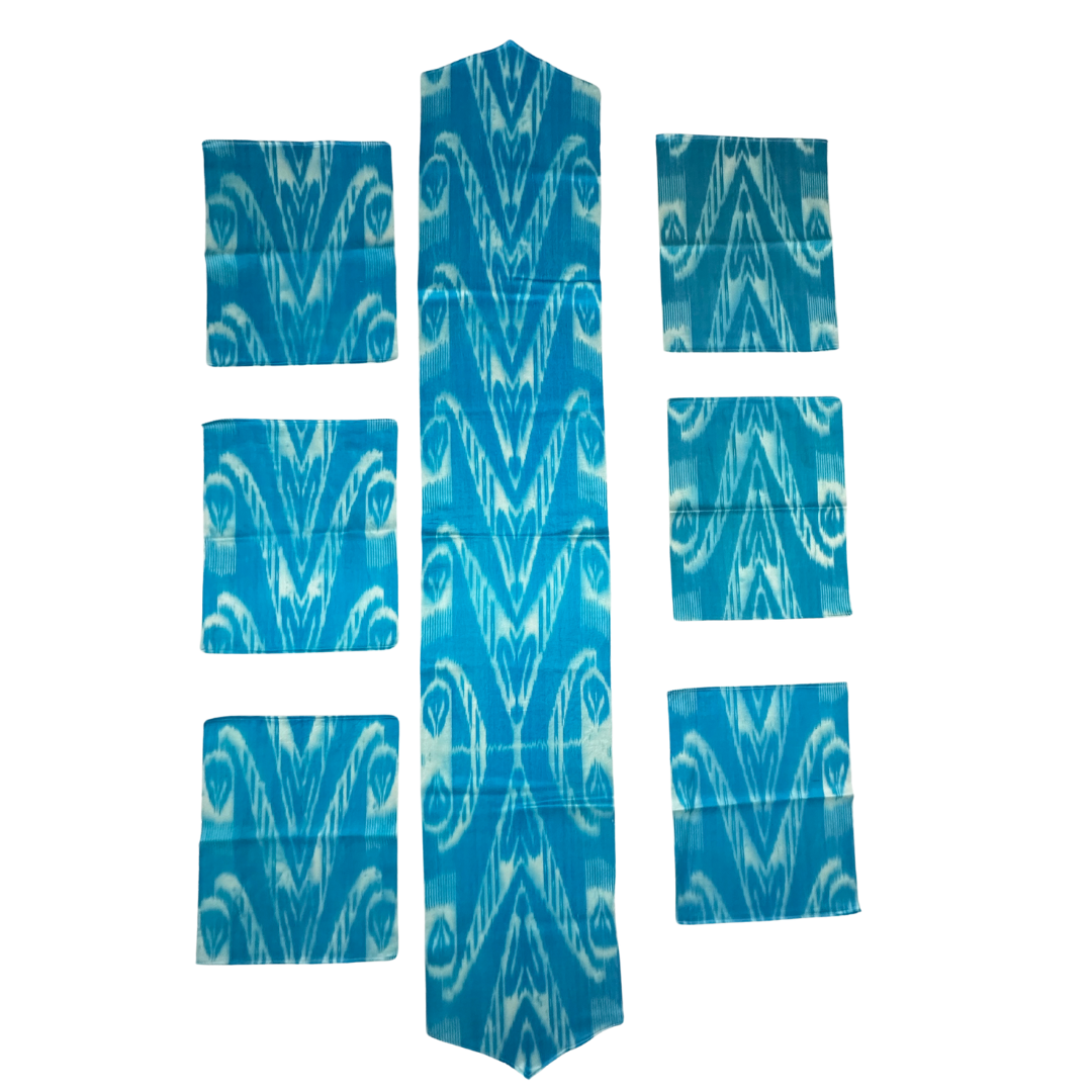 Silk Table Runner Triangle & Placemates - Blue Turquoise IKAT - LUMINA ELIGMA HOME