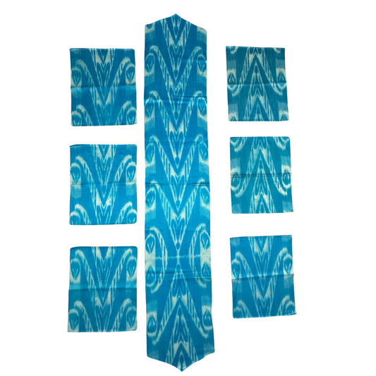 Silk Table Runner Triangle & Placemates - Blue Turquoise IKAT - LUMINA ELIGMA HOME