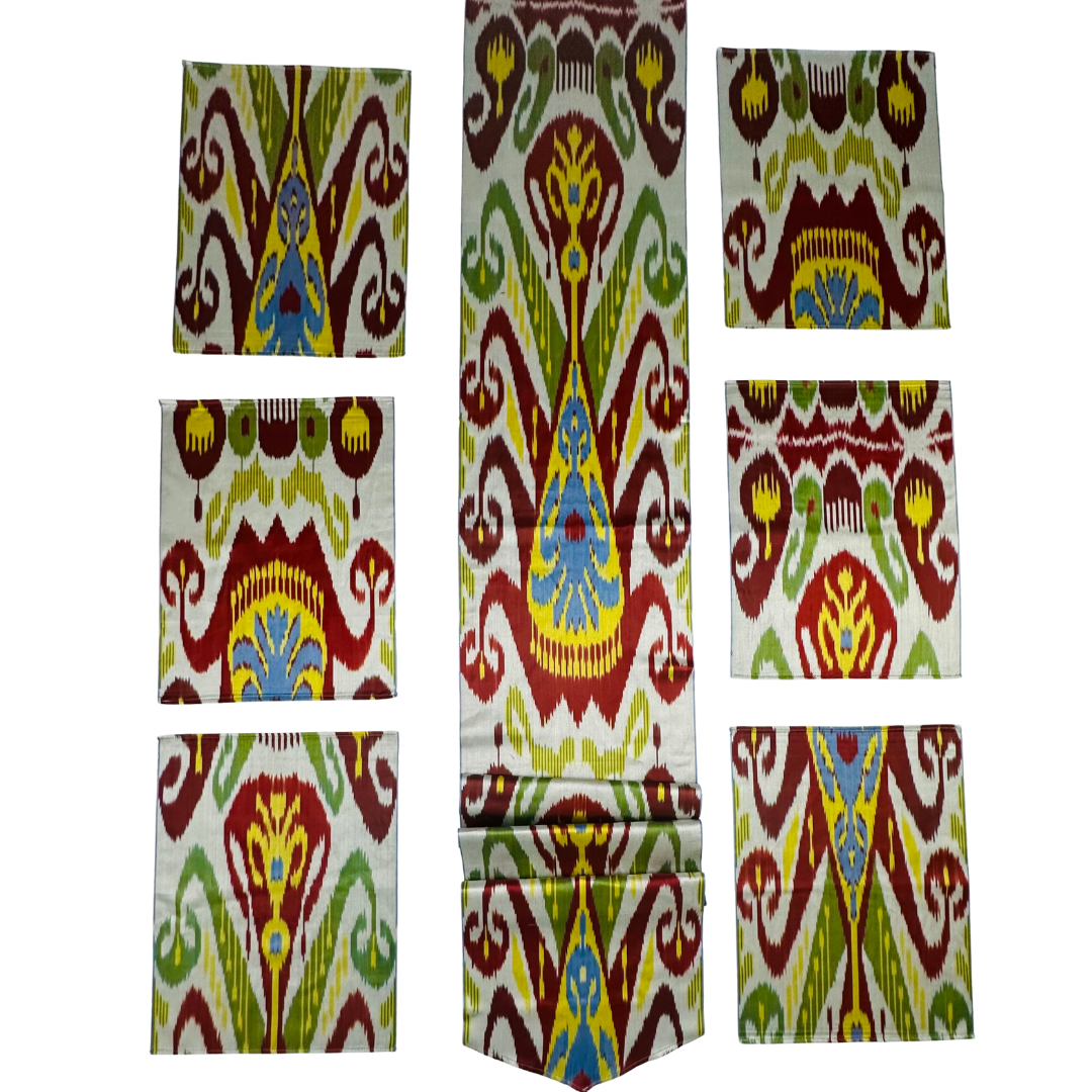 Silk Table Runner & Placemates - Red Green Yellow IKAT - LUMINA ELIGMA HOME
