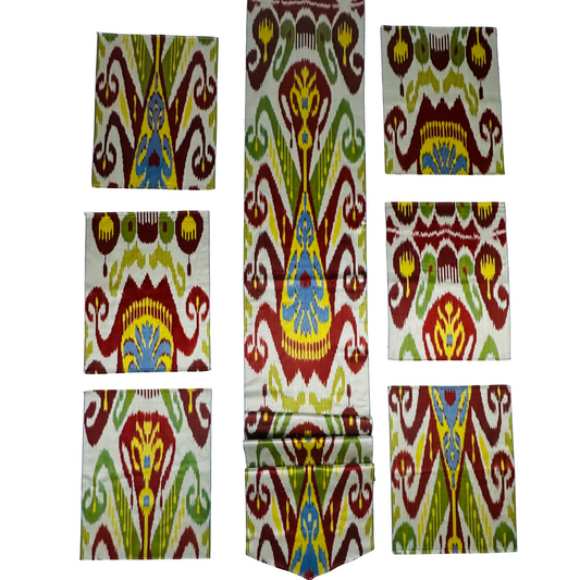Silk Table Runner & Placemates - Red Green Yellow IKAT - LUMINA ELIGMA HOME