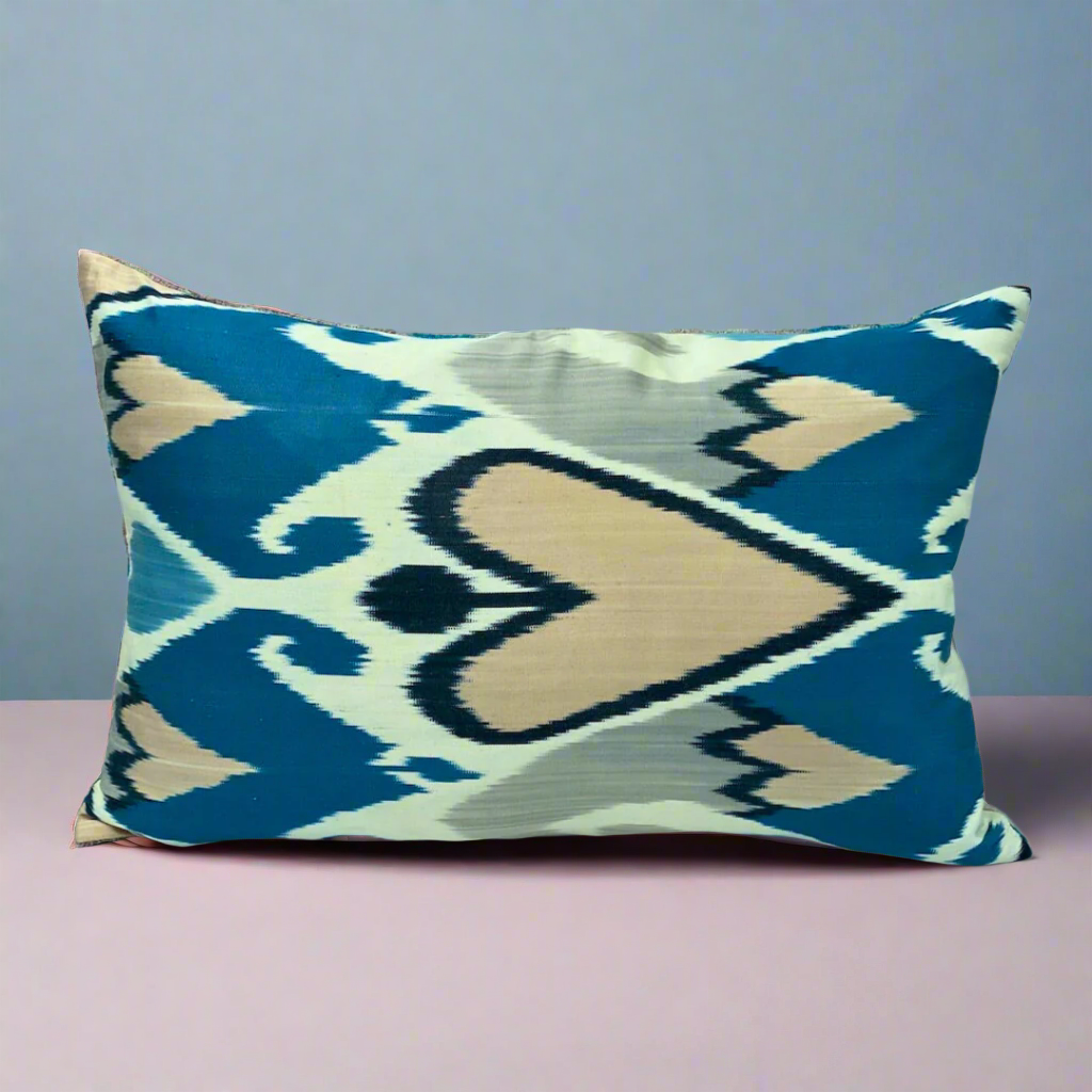 IKAT Silk Back Pillow Cover 60x40 CM - Losange Blue Pink