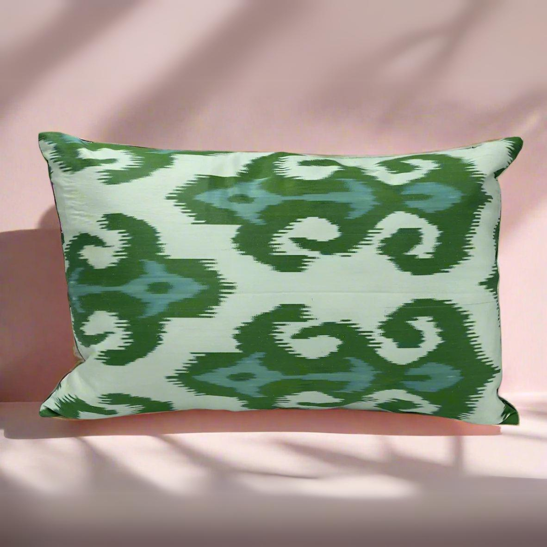 IKAT Silk Back Pillow Cover 60x40 CM - Fuschia Green - LUMINA ELIGMA HOME