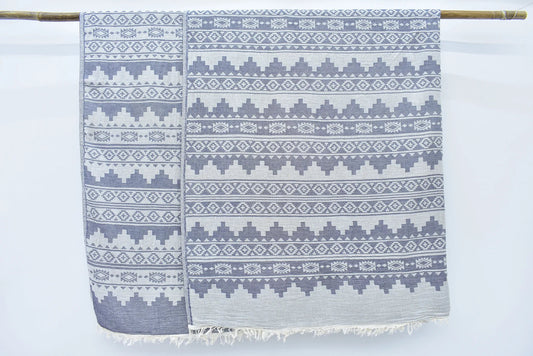 Kilim Blanket Organic Turkish Cotton Navy- 85" X 56"