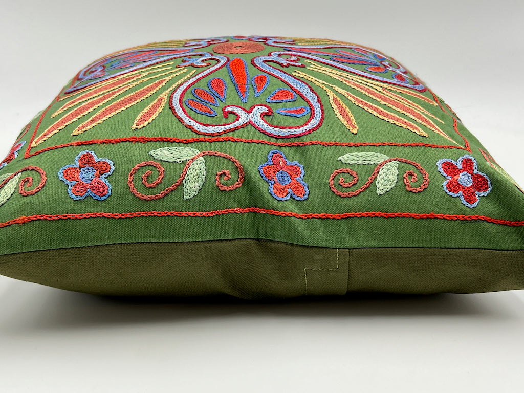 Suzani Cotton Pillow 50x50 CM 20"x20" - 4 Corners Sage
