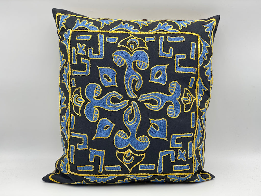 Suzani Cotton Pillow 50x50 CM 20"x20" - Black Yellow Corners