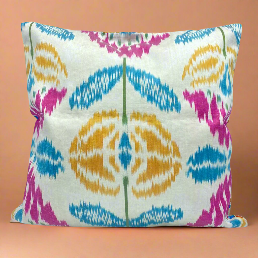silk embroidery cushion cover ikat fabric handmade pillow turkish pillow uzbek pillow accent pillows lumina eligma blue orange fuchsia turquoise