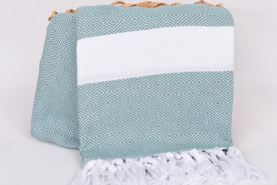 Teal White Diamonds Bath Towel Organic Turkish Towel - 70" X 40"