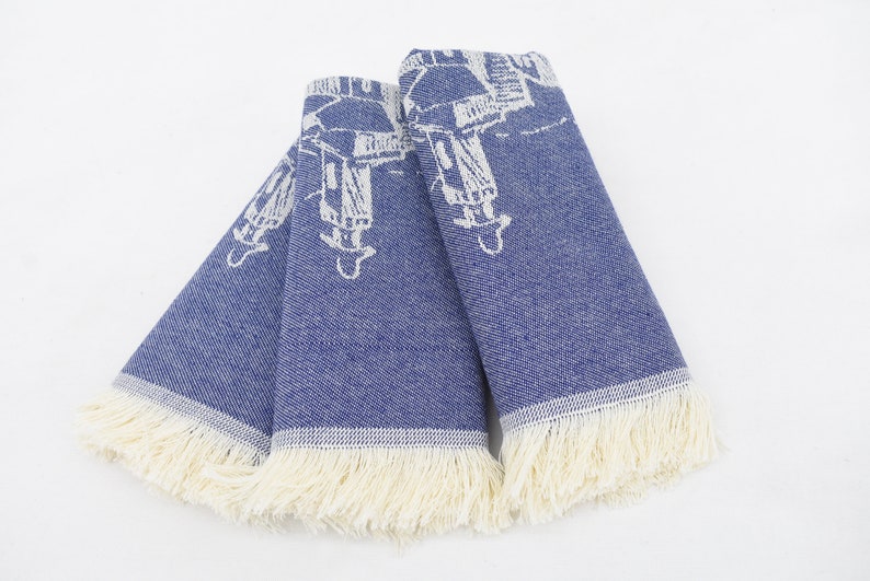 Navy Hand Tea Towel Organic Turkish Cotton Scene Patterned Tea Towel - 75 CM X 50 CM