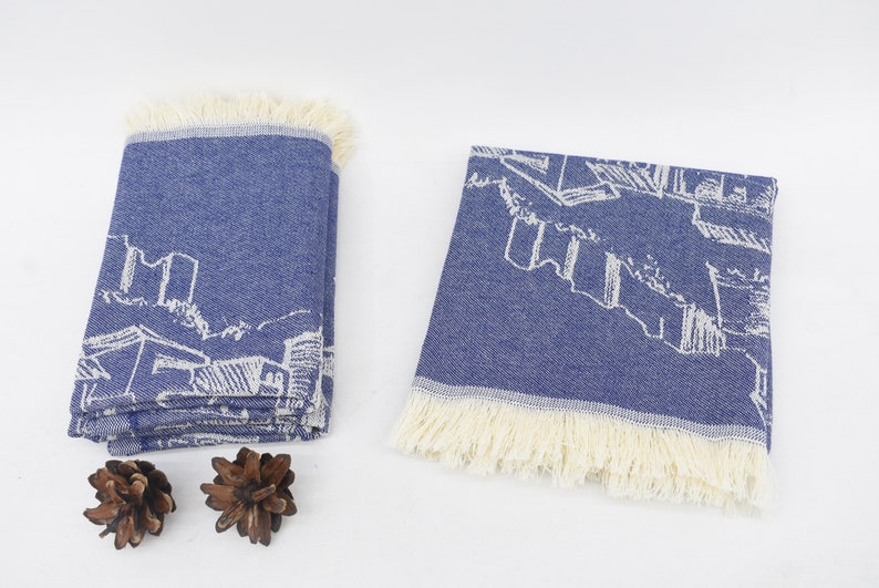Navy Hand Tea Towel Organic Turkish Cotton Scene Patterned Tea Towel - 75 CM X 50 CM