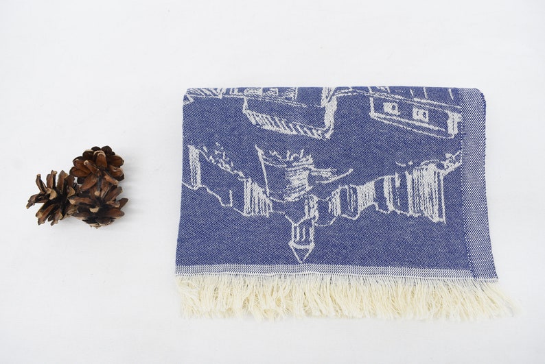 Navy Hand Tea Towel Organic Turkish Cotton Scene Patterned Tea Towel - 75 CM X 50 CM