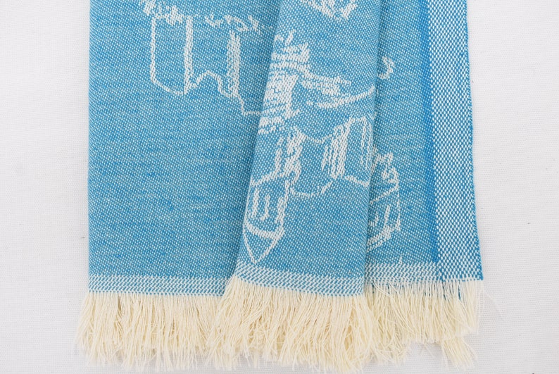 Turquoise Hand Tea Towel Organic Turkish Cotton Scene Patterned Tea Towel - 75 CM X 50 CM