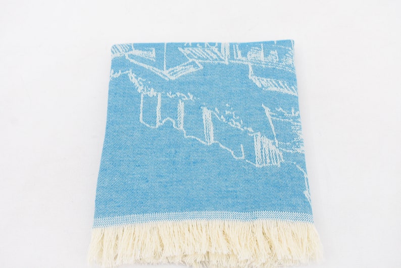 Turquoise Hand Tea Towel Organic Turkish Cotton Scene Patterned Tea Towel - 75 CM X 50 CM