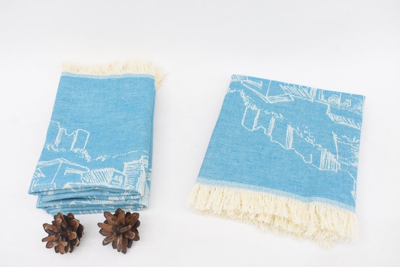 Turquoise Hand Tea Towel Organic Turkish Cotton Scene Patterned Tea Towel - 75 CM X 50 CM