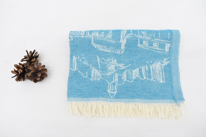 Turquoise Hand Tea Towel Organic Turkish Cotton Scene Patterned Tea Towel - 75 CM X 50 CM