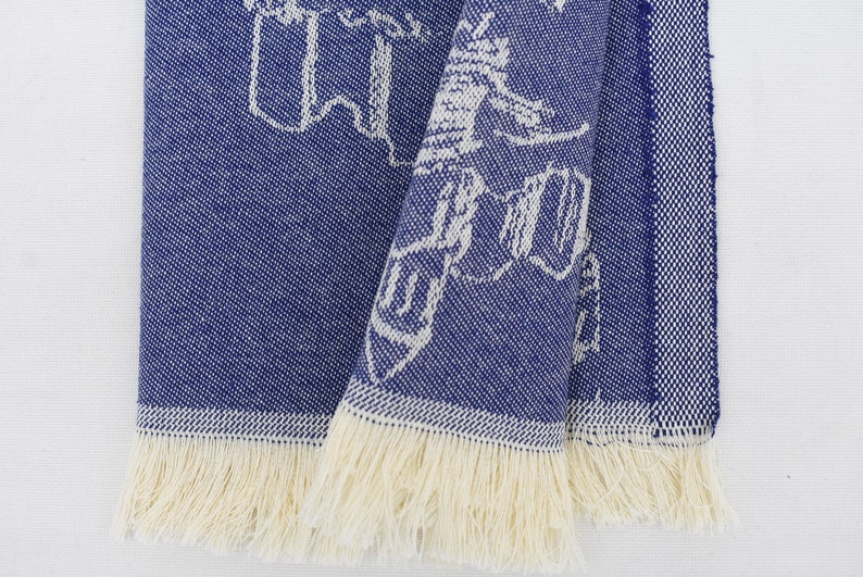 Navy Hand Tea Towel Organic Turkish Cotton Scene Patterned Tea Towel - 75 CM X 50 CM