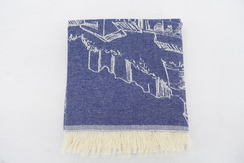 Navy Hand Tea Towel Organic Turkish Cotton Scene Patterned Tea Towel - 75 CM X 50 CM