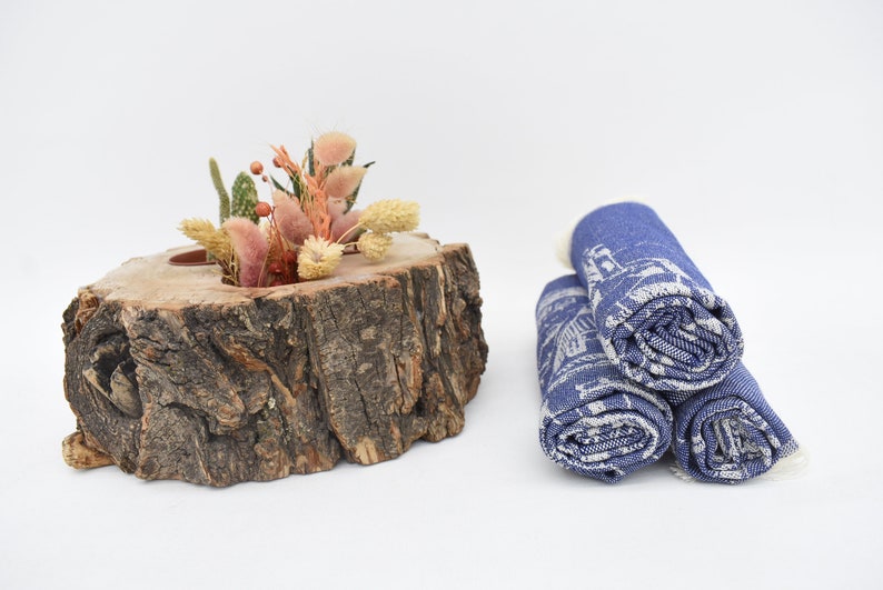 Navy Hand Tea Towel Organic Turkish Cotton Scene Patterned Tea Towel - 75 CM X 50 CM