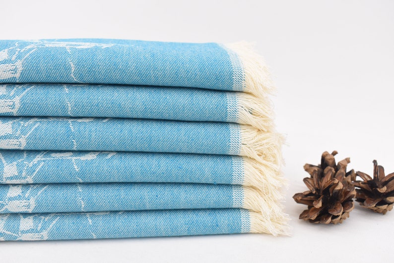 Turquoise Hand Tea Towel Organic Turkish Cotton Scene Patterned Tea Towel - 75 CM X 50 CM