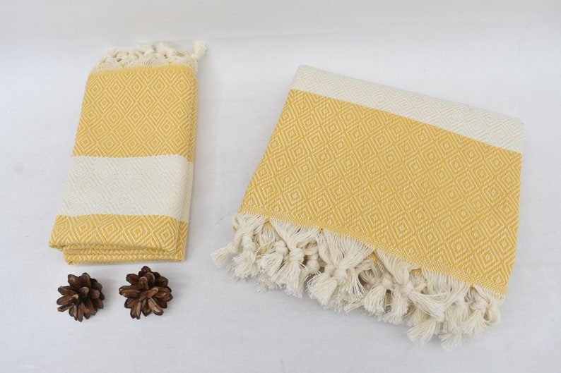 Yellow Diamond Bath & Hand Towel Organic Turkish Cotton - 70" X 40" - 36" X 20" - LUMINA ELIGMA HOME