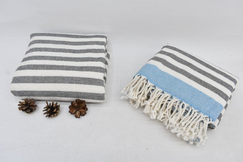 Gray Turquoise Terry Bath Towel Organic Turkish Cotton - 63" X 40"