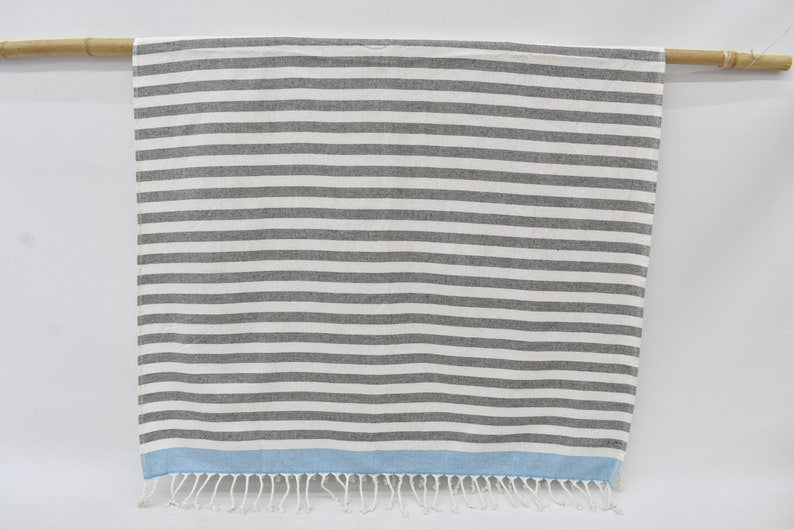 Gray Turquoise Terry Bath Towel Organic Turkish Cotton - 63" X 40"