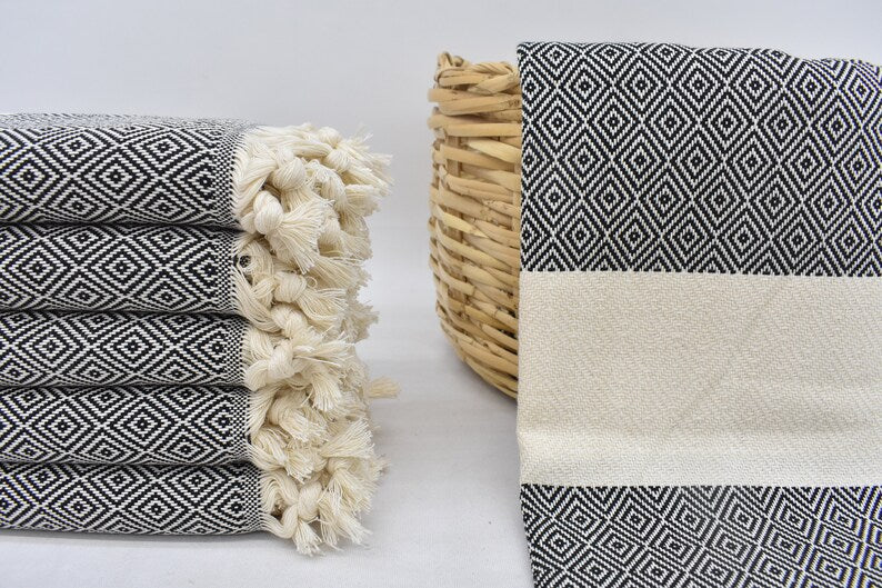 Black Bath & Hand Diamonds Towel Organic Turkish Cotton - 70" X 40" - 36" X 20"