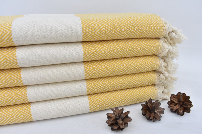 Yellow Diamond Bath & Hand Towel Organic Turkish Cotton - 70" X 40" - 36" X 20" - LUMINA ELIGMA HOME