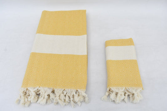 Yellow Diamond Bath & Hand Towel Organic Turkish Cotton - 70" X 40" - 36" X 20" - LUMINA ELIGMA HOME
